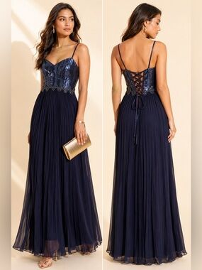 Betsy & Adam Sequin Bustier Pleated Gown Rhinestone Waist Sz 4